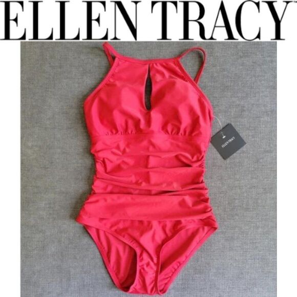 Ellen Tracy Women's High Neck Over the Shoulder Red One Piece keyhole Swimsuit 8 - Picture 1 of 8